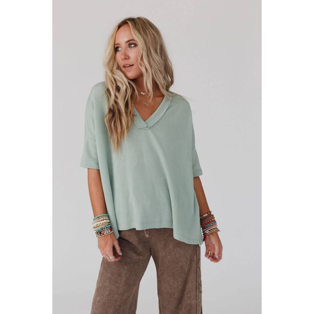 The Nest Three Bird Nest On The Go V Neck Ribbed Essential Tee Sage XL Oversized